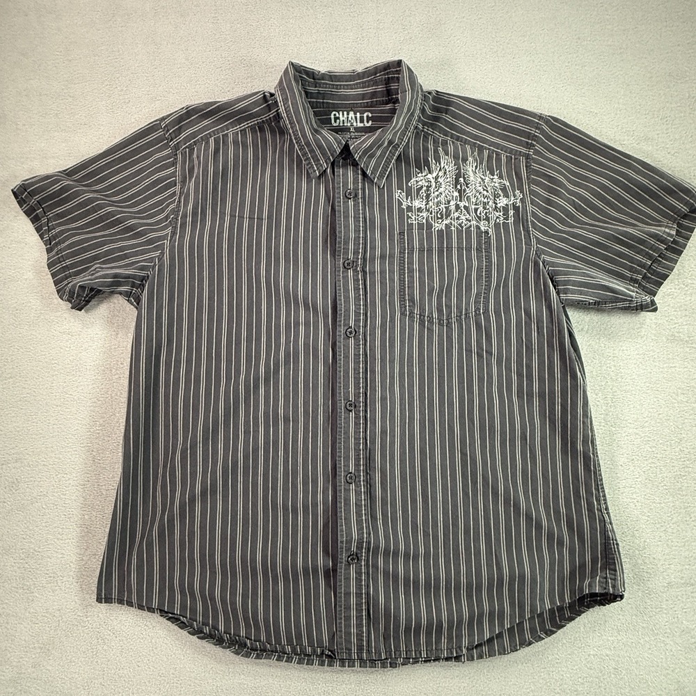 Chalc Mens XL  Button Front Shirt Black White Stripe Short Sleeve Y2K Goth Wings